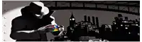 a man in a hat is holding a rubik 's cube in front of a city