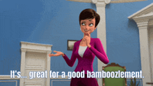 a woman in a pink jacket says it 's great for a good bamboozlement