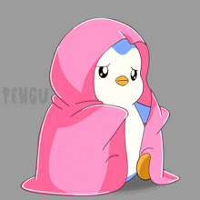a penguin is wrapped in a pink blanket