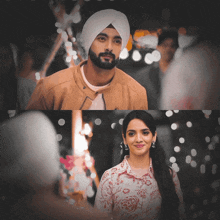 a man wearing a turban looks at a woman