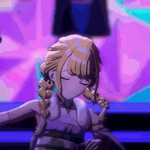 a purple and blue background with a girl with braids on her hair