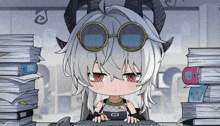 a cartoon character with horns is sitting at a desk with a keyboard