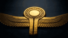 a gold winged object with a circle in the middle