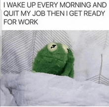 a kermit the frog is laying on a bed with a caption that says i wake up every morning and quit my job