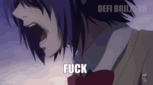 a cartoon of a girl screaming with the word fuck written on the bottom