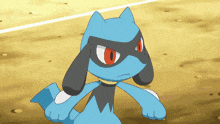 a blue and black pokemon with red eyes and a black mask