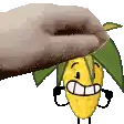 a hand is holding a cartoon corn on the cob with a face and arms .