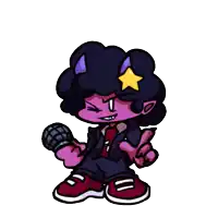 a cartoon character holding a microphone and giving a peace sign