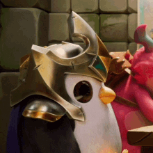 a penguin wearing a knight 's helmet stands next to a pink dragon