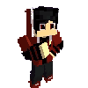 a minecraft character is wearing a red jacket and black pants and holding a piece of paper .