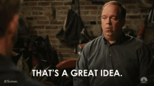 a man with his eyes closed says " that 's a great idea " in front of a brick wall