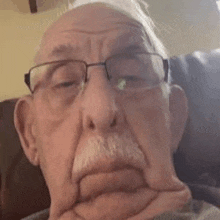 an elderly man with glasses and a mustache is sitting on a couch .