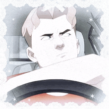 a cartoon of a man driving a car with a lace frame around it