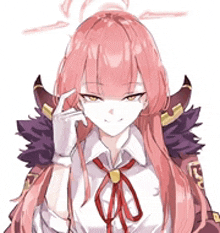 a girl with long pink hair is wearing a white shirt and a red bow tie .