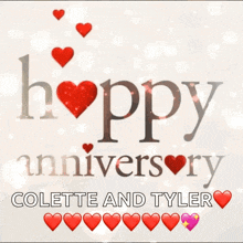 a happy anniversary colette and tyler card with hearts