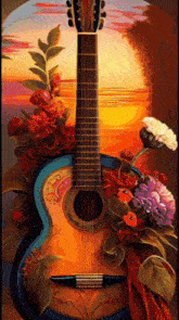 a painting of a guitar with flowers on it