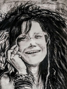 a black and white drawing of a woman with long hair smiling and holding her hand to her face .