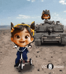 a little girl riding a tricycle with a tank behind her