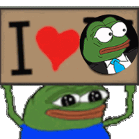 a green frog is holding a sign that says i love