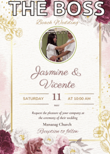 a wedding invitation for jasmine and vicente on saturday may 11