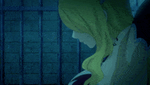 a girl with long blonde hair is standing in a dark room