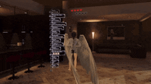 a woman with angel wings is standing in a living room with a bunch of messages on the wall