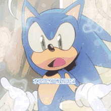 a cartoon of sonic the hedgehog with the word sonic on the bottom left