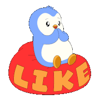 a penguin is sitting on a red pillow with the word like written on it