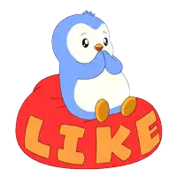 a penguin is sitting on a red pillow with the word like written on it