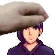 a pixel art of a person 's head being touched by another person 's hand .