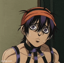 a close up of a cartoon character wearing a headband and a choker .