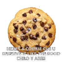 a chocolate chip cookie with the words heres a cookie cus u deserve it like the good child u are written below it