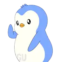 a drawing of a blue and white penguin with the letters gu on the bottom