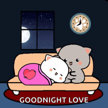 a cartoon of two cats sleeping on a couch with the words " goodnight love " below them