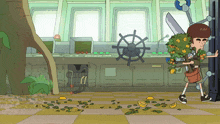 a cartoon of a man holding a potted plant