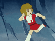 a cartoon girl in a red dress and white socks is running