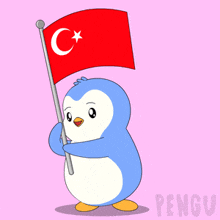 a penguin is holding a red flag with a c on it