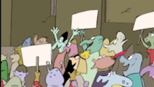a group of cartoon characters are holding signs in their hands
