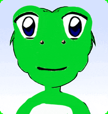 a green frog with blue eyes and a smile