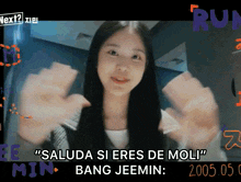 a picture of a girl with the words " saluda si eres de moli bang jeemin "