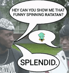 a man in a chtoon shirt talks to another man in a speech bubble