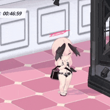 a girl in a bikini is standing on a pink tiled floor with a timer that says 00:46:59