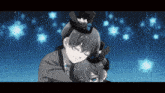 a couple of anime characters are hugging each other with stars in the background