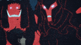 a man is standing in front of a group of monsters with red eyes