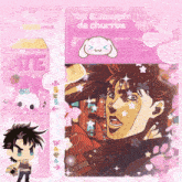 a picture of toji and joseph de churros is surrounded by pink hearts