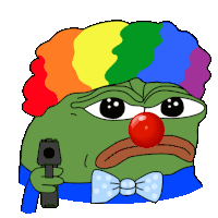 a green frog wearing a rainbow wig and bow tie holds a gun