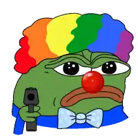 a green frog wearing a rainbow wig and bow tie holds a gun