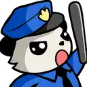 a cartoon panda in a police uniform is holding a baseball bat .