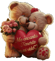 two teddy bears hugging each other while holding a heart that says me encanta tenerte en mi vida