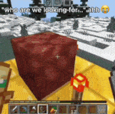 a red block in a video game with the words " who are we looking for "